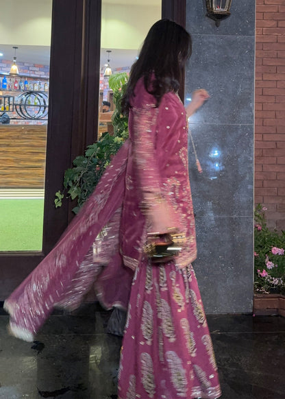 Mauve Embroidered Organza Party Wear Gharara Online in UK USA Canada