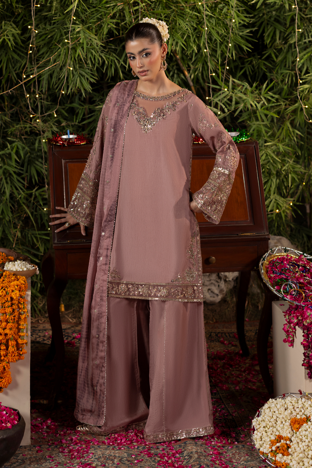 Mauve Embroidered Raw Silk Pakistani Suit Online in Dubai UAE Abudhabi Ajman Sharjah