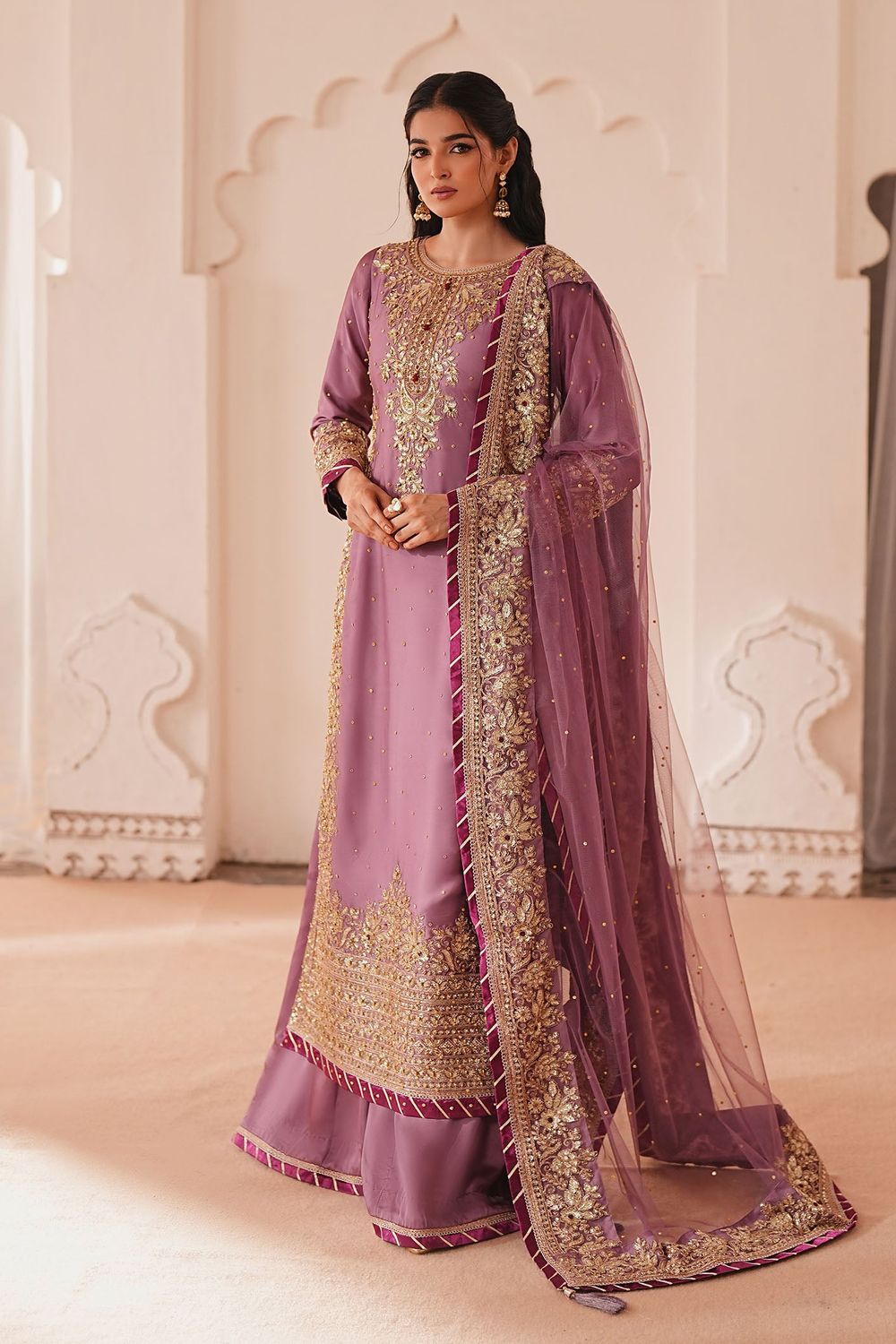 Mauve Embroidered Silk Charmeuse Gharara Suit Online in Dubai UAE Abudhabi Ajman Sharjah