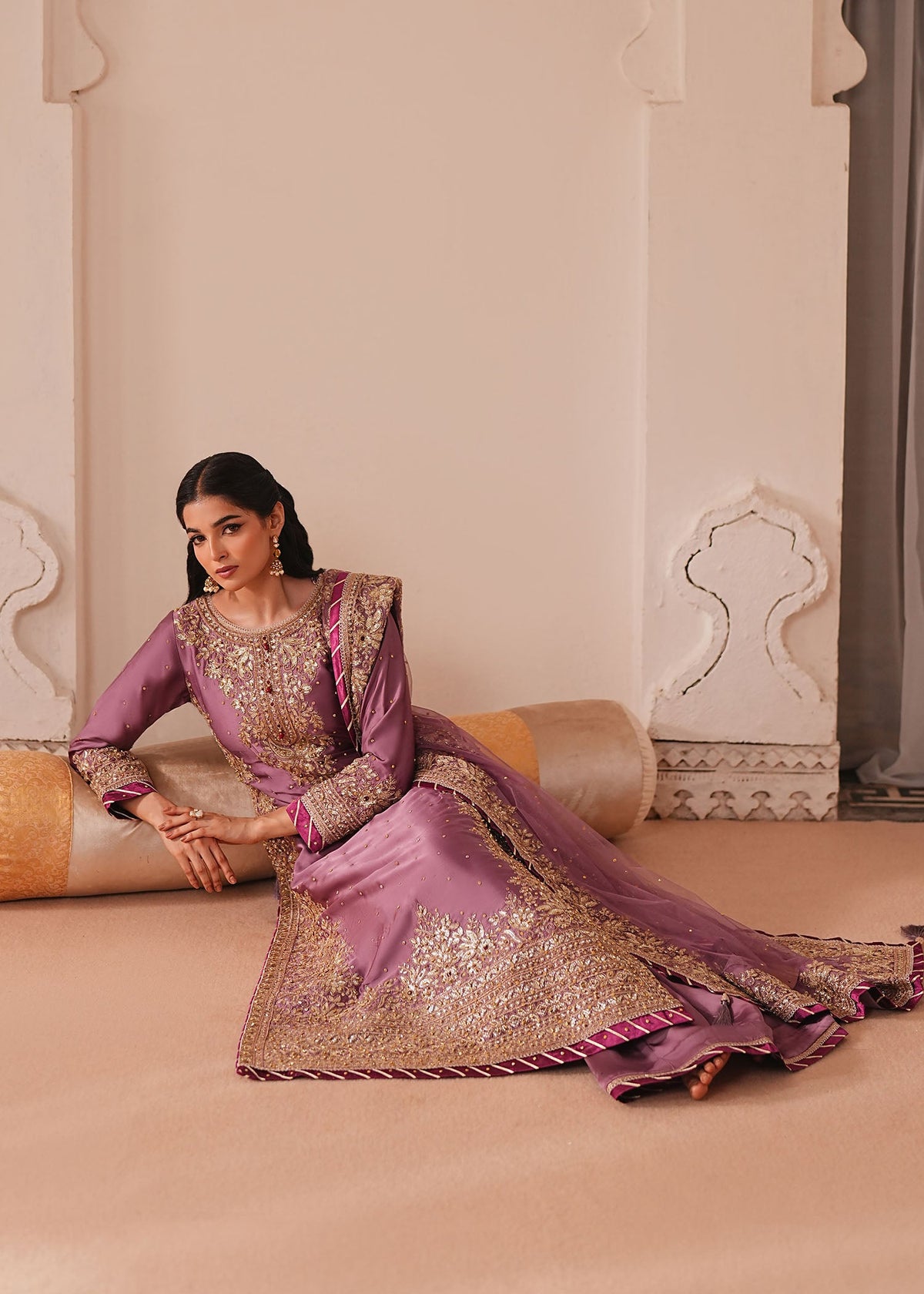 Mauve Embroidered Silk Charmeuse Ladies Partywear Suit Online in UK USA Canada