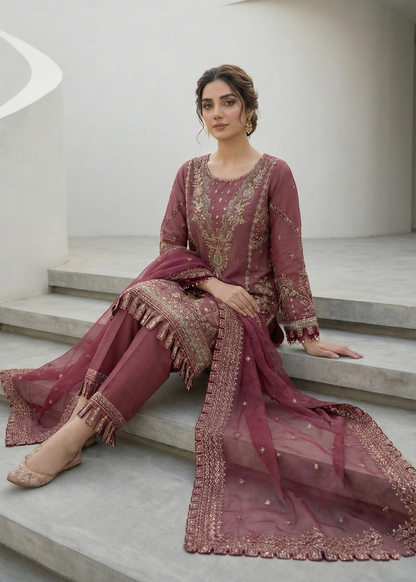 Mauve Pink 3 Piece Organza Suit Online in Dubai UAE Abudhabi Ajman Sharjah