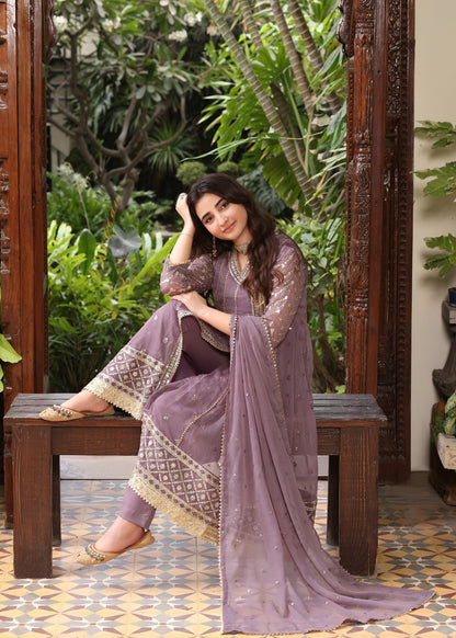 Mauve Pink Chiffon Embroidered 3 Piece Suit Online in Sri Lanka India Australia
