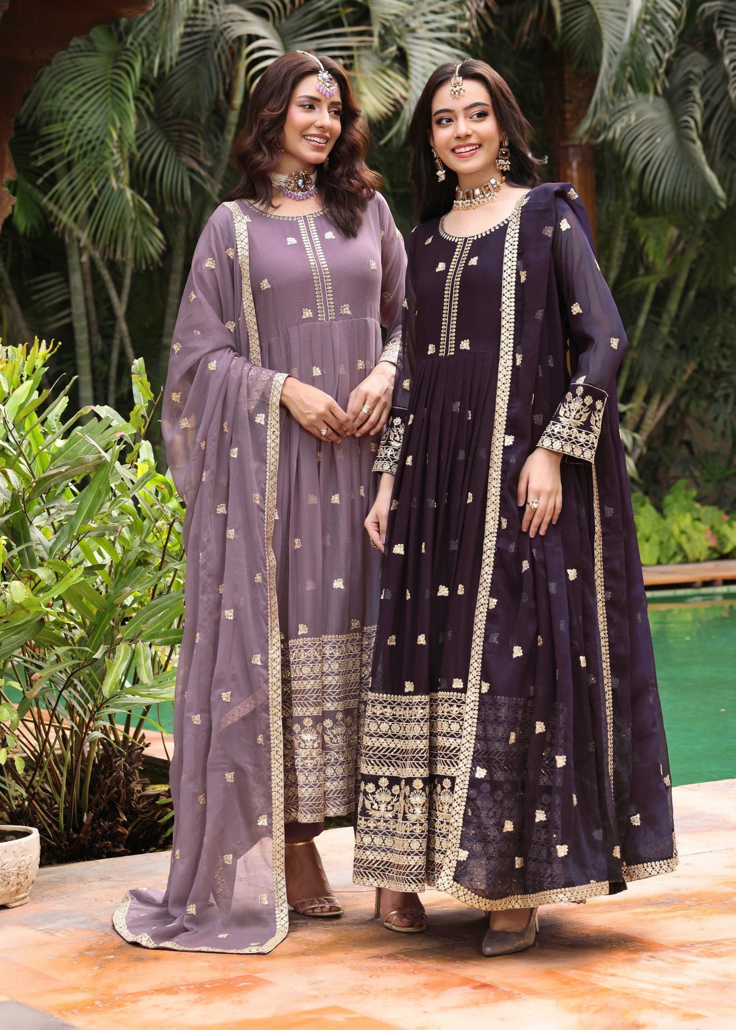 Mauve Pink Embroidered Chiffon 3 Piece Suit Online in KSA Riyadh Saudi Arabia Oman Bahrain Qatar