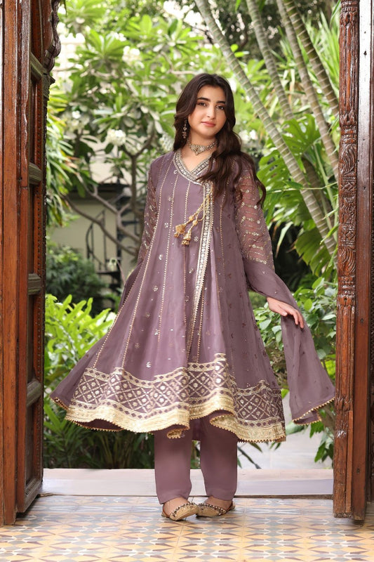 Mauve Pink Embroidered Chiffon Angrakha Partywear Suit Online in Dubai UAE Abudhabi Ajman Sharjah