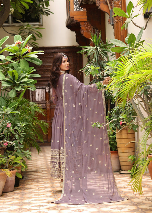 Mauve Pink Embroidered Chiffon Flared Top Trouser Set Online in Dubai DXB UAE Abudhabi Meena Bazaar