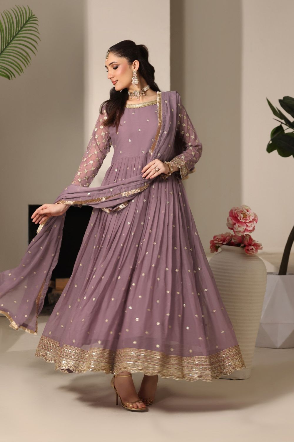 Mauve Pink Embroidered Chiffon Partywear Pishwas Online in Dubai UAE Abudhabi Ajman Sharjah