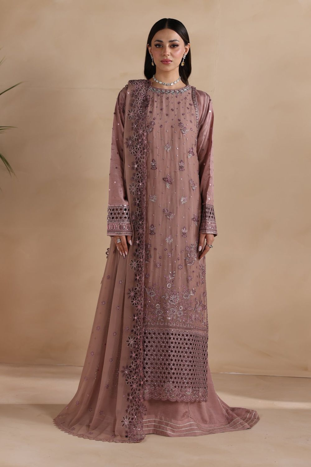 Mauve Pink Embroidered Chiffon Partywear Suit Online in Dubai UAE Abudhabi Ajman Sharjah