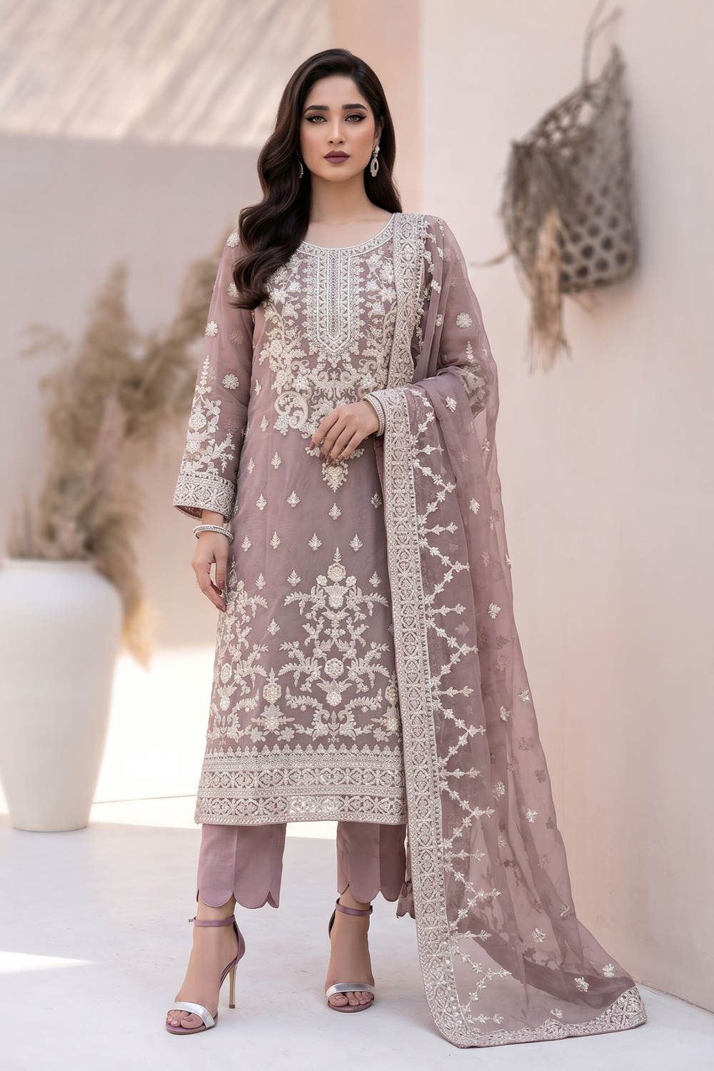 Mauve Pink Embroidered Organza Party Wear Suit Online in Dubai UAE Abudhabi Ajman Sharjah