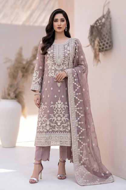 Mauve Pink Embroidered Organza Party Wear Suit Online in Dubai UAE Abudhabi Ajman Sharjah