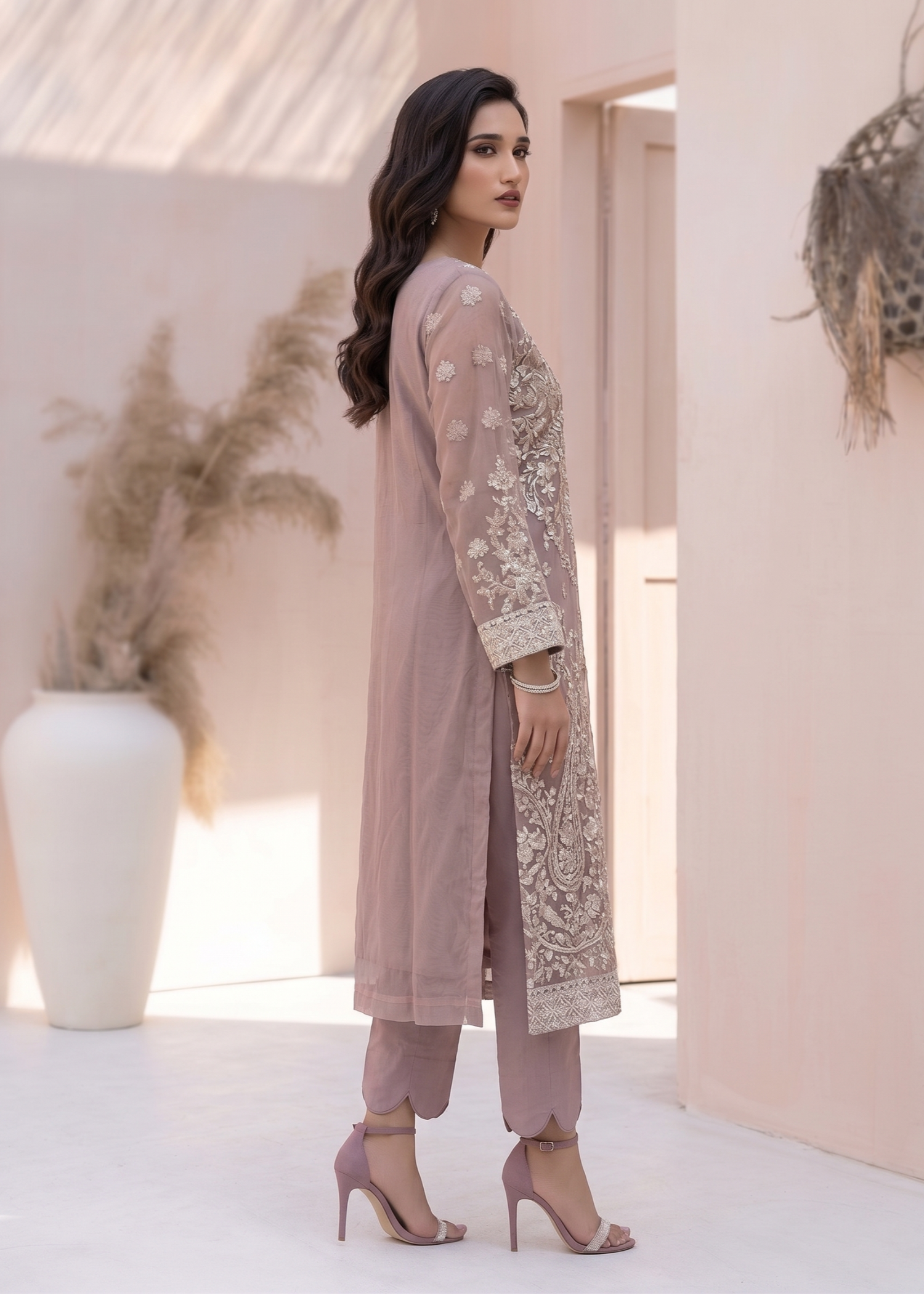 Mauve Pink Embroidered Organza Party Wear Suit Online in Dubai UAE Abudhabi Ajman Sharjah