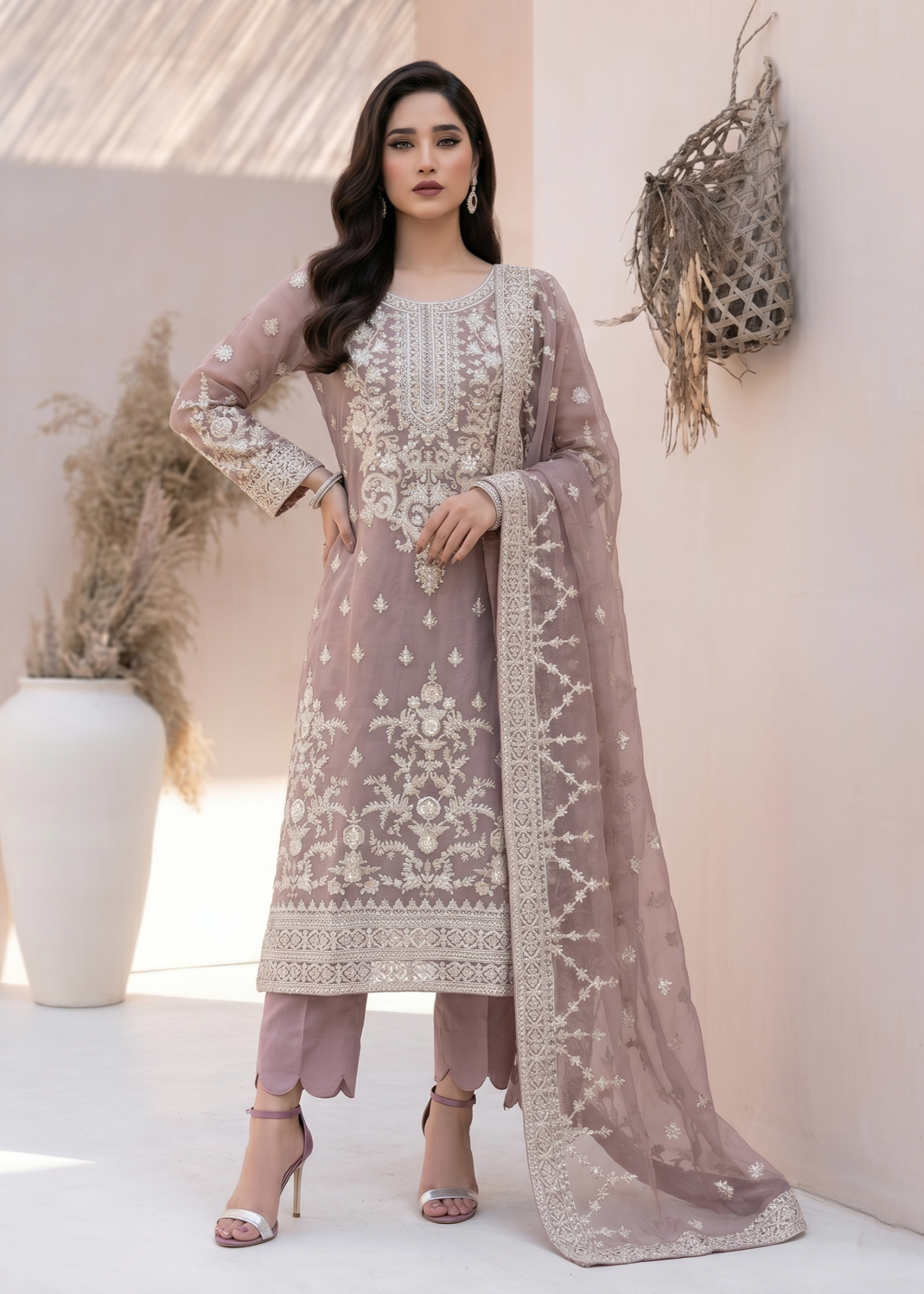 Mauve Pink Embroidered Organza Party Wear Suit Online in Dubai UAE Abudhabi Ajman Sharjah