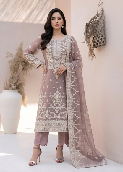 Mauve Pink Embroidered Organza Party Wear Suit Online in Dubai UAE Abudhabi Ajman Sharjah