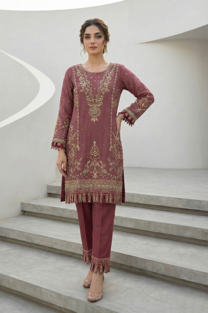 Mauve Pink Embroidered Organza Partywear Suit Online in Dubai UAE Abudhabi Ajman Sharjah