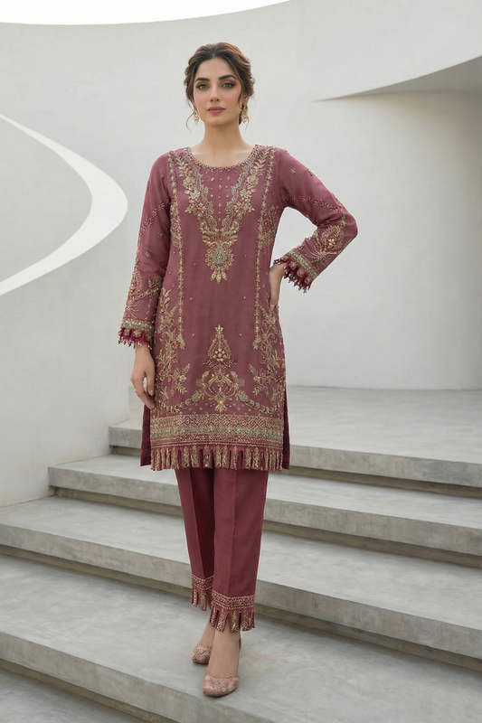 Mauve Pink Embroidered Organza Partywear Suit Online in Dubai UAE Abudhabi Ajman Sharjah