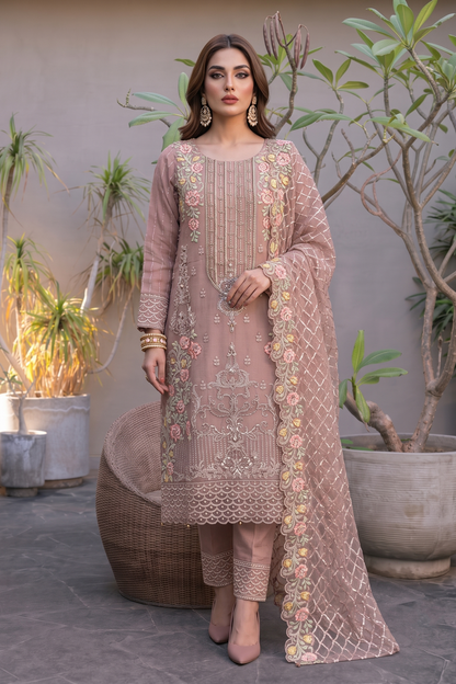 Mauve Pink Embroidered Organza Partywear Suit Online in Dubai UAE Abudhabi Ajman Sharjah