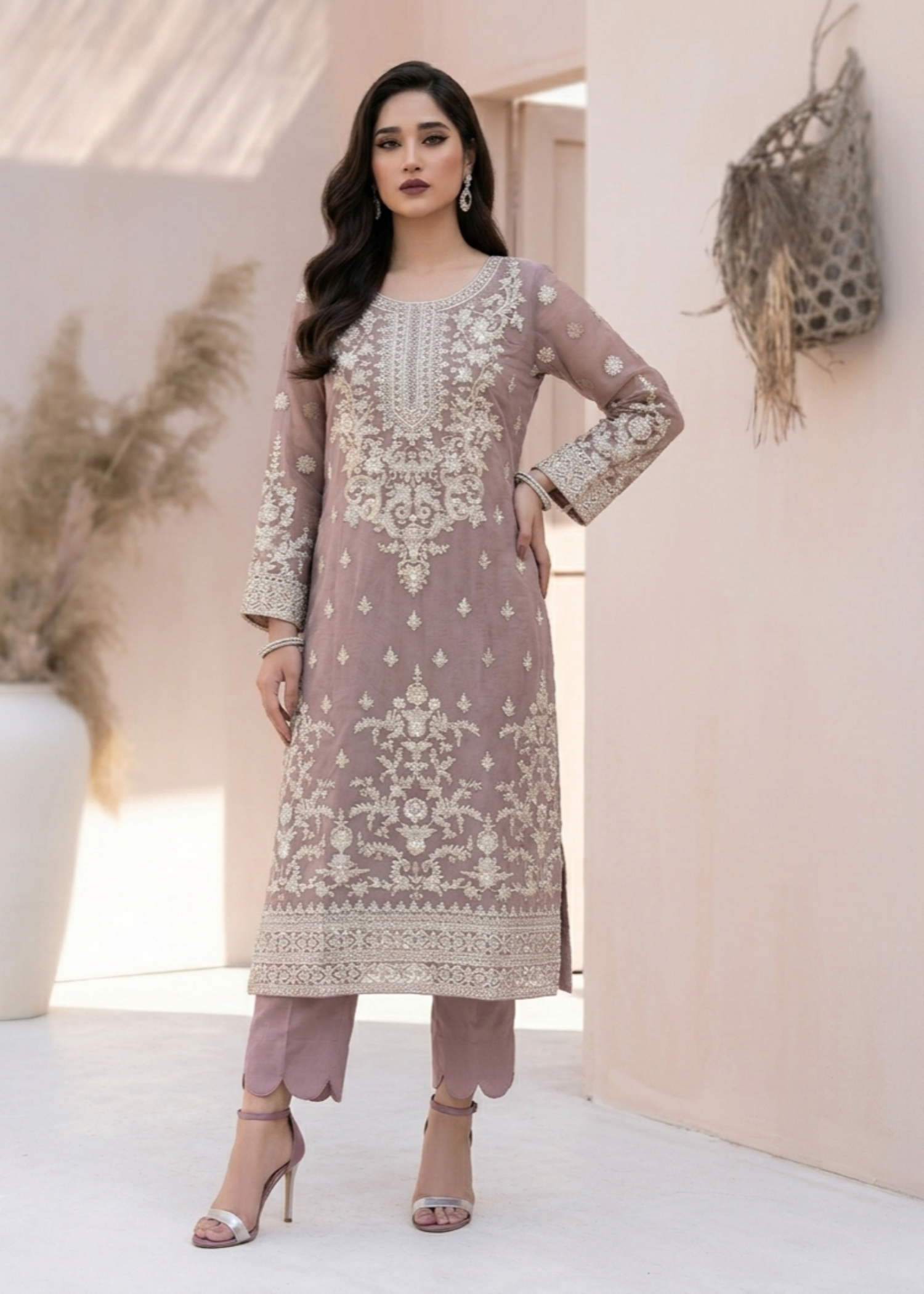 Mauve Pink Festive Wear Embroidered Organza Suit Online in Sri Lanka India Australia