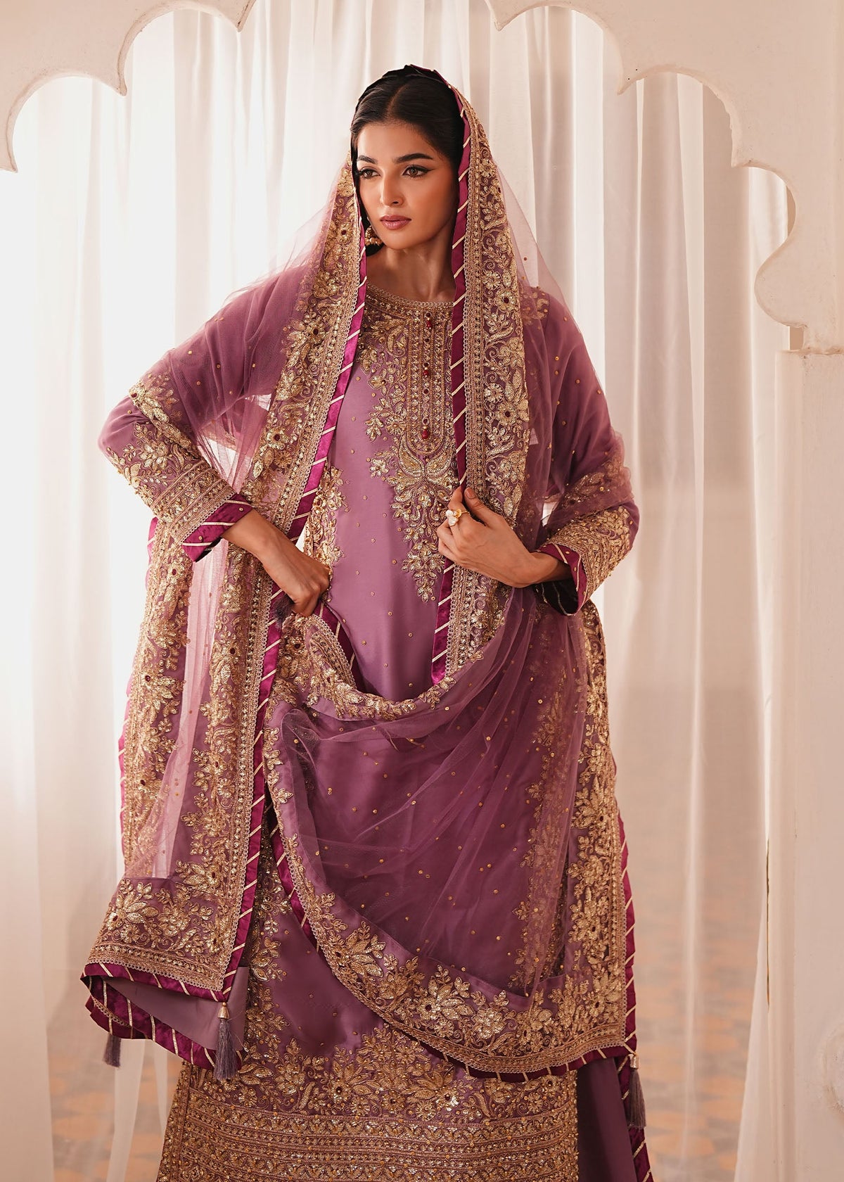 Mauve Silk Charmeuse Embroidered Pakistani Wedding Dress Online in Dubai DXB UAE Abudhabi Meena Bazaar