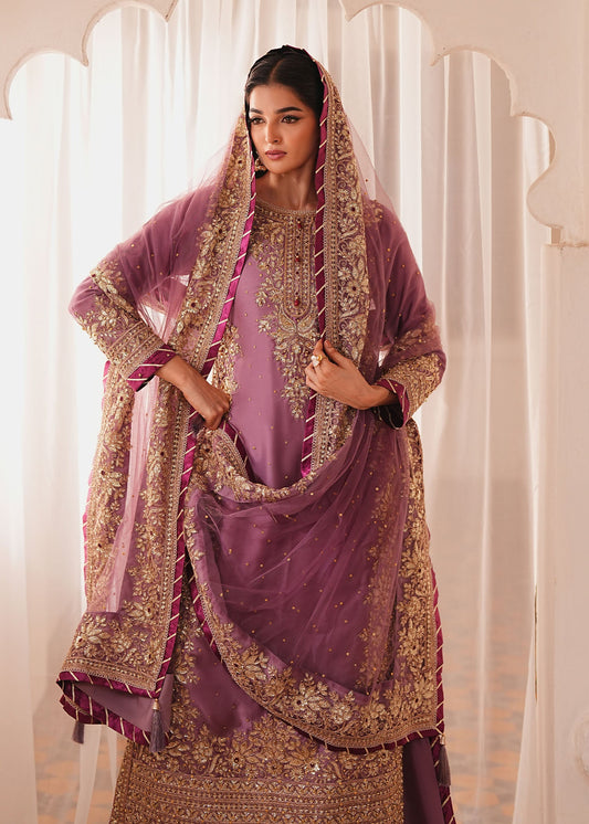 Mauve Silk Charmeuse Embroidered Pakistani Wedding Dress Online in Dubai DXB UAE Abudhabi Meena Bazaar