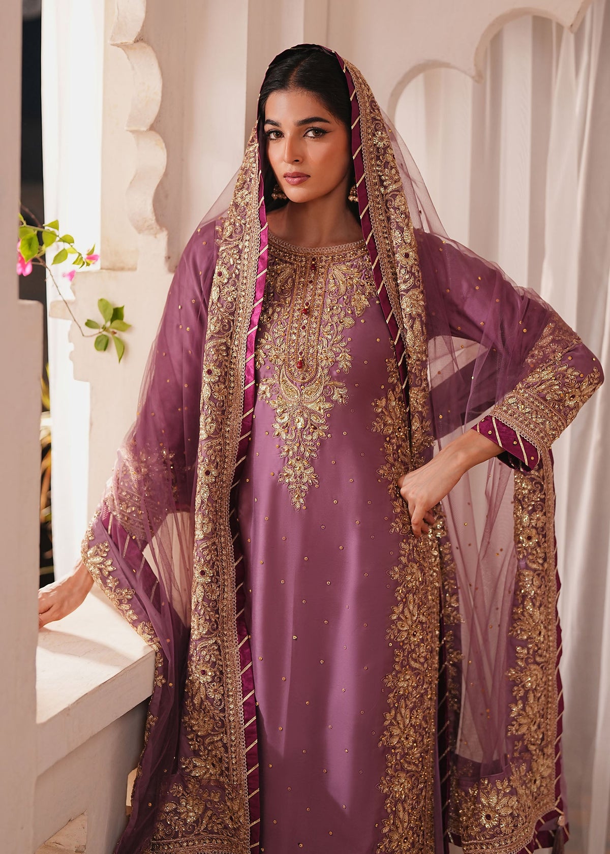 Mauve Silk Charmeuse Gharara Pakistani Designer Suit Online in KSA Riyadh Saudi Arabia Oman Bahrain Qatar