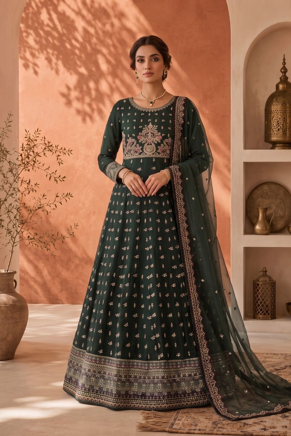 Green Embroidered Chiffon Maxi Suit Online in Dubai UAE Abudhabi Ajman Sharjah