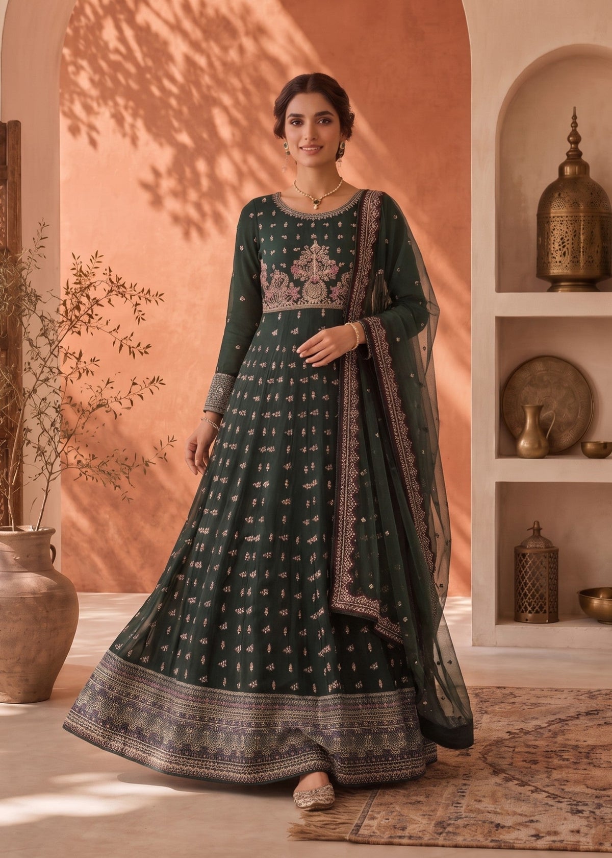 Ladies Embroidered Green Chiffon Partywear Suit Online in UK USA Canada