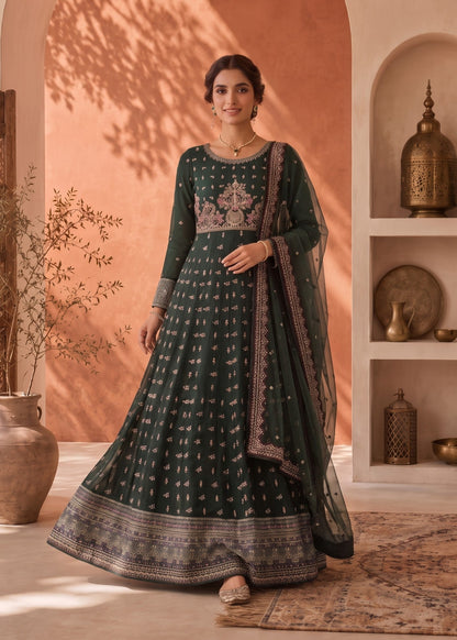 Ladies Embroidered Green Chiffon Partywear Suit Online in UK USA Canada