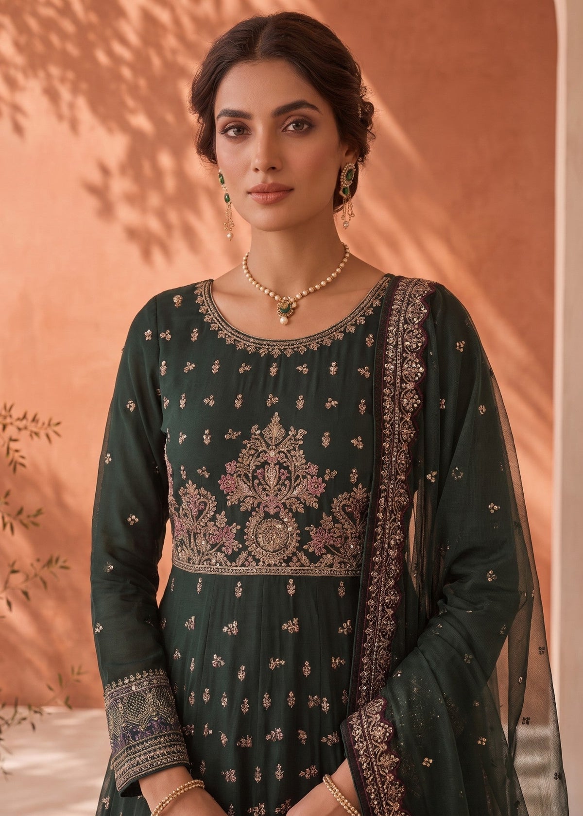 Pakistani Designer Green Chiffon Salwar Kameez Online in KSA Riyadh Saudi Arabia Oman Bahrain Qatar