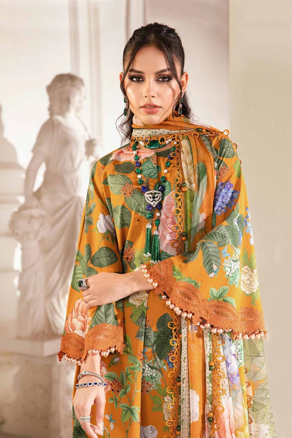 Orange Lawn Suit with Chiffon Dupatta