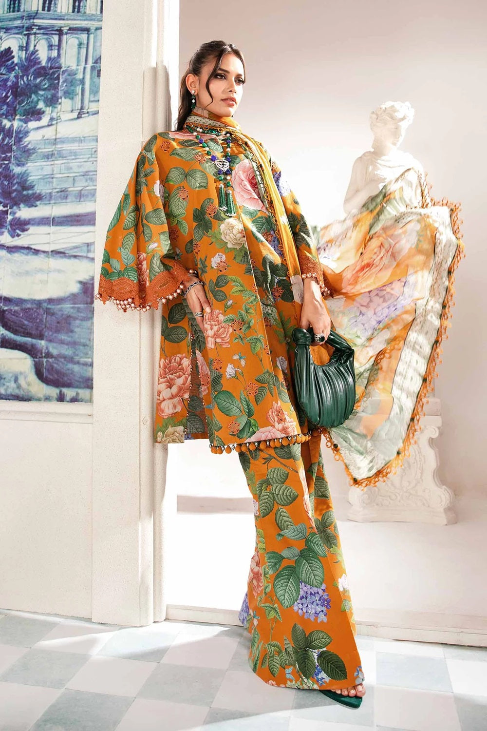 Orange Lawn Suit with Chiffon Dupatta