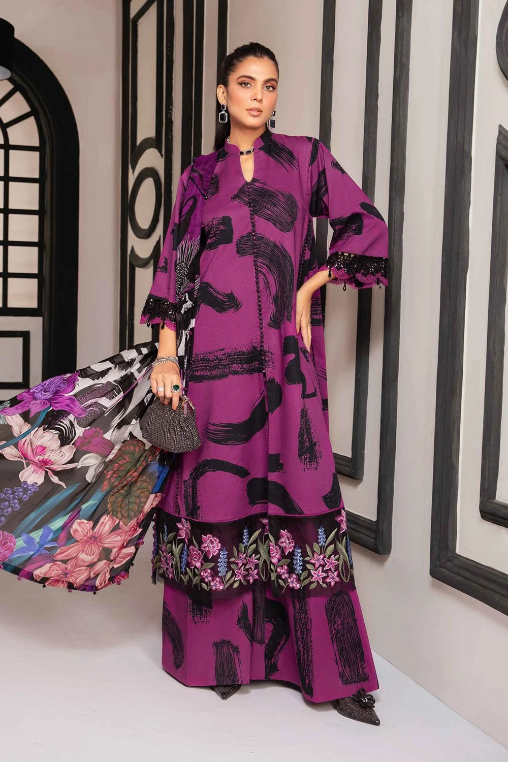 Purple Pure Lawn Suit with Chiffon Dupatta