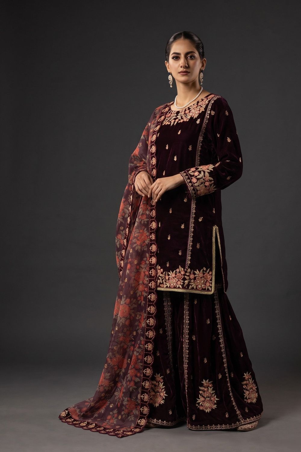 Mehroon Embroidered Velvet Pakistani Suit Online in Dubai UAE Abudhabi Ajman Sharjah