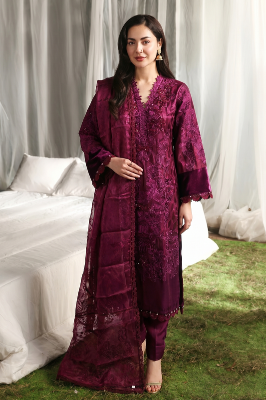 Mehroon Khadi Shirt with Organza Dupatta Online in Dubai UAE Abudhabi Ajman Sharjah