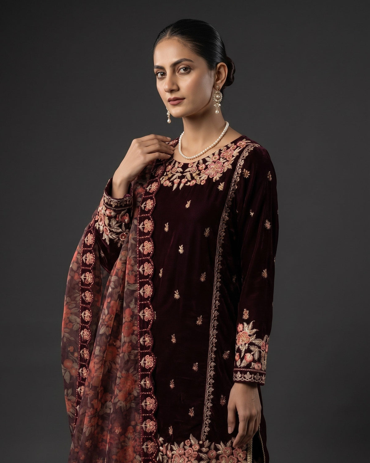 Mehroon Velvet Salwar Kameez for Women Online in KSA Riyadh Saudi Arabia Oman Bahrain Qatar