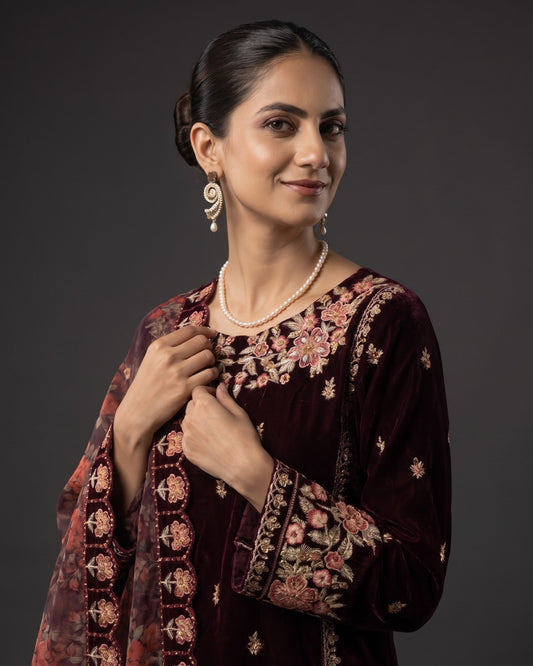 Mehroon Velvet Shalwar Kameez Partywear Online in UK USA Canada