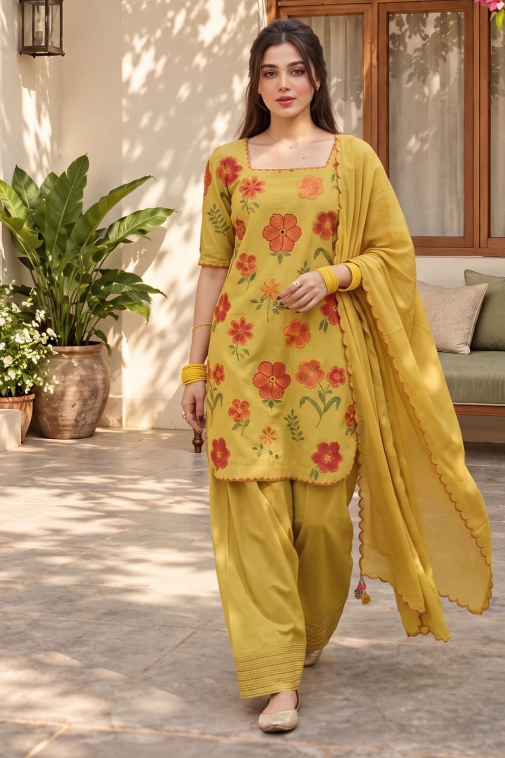 Mellow Yellow Embroidered Dhanak Farshi Shalwar Set Online in Dubai UAE Abudhabi Ajman Sharjah