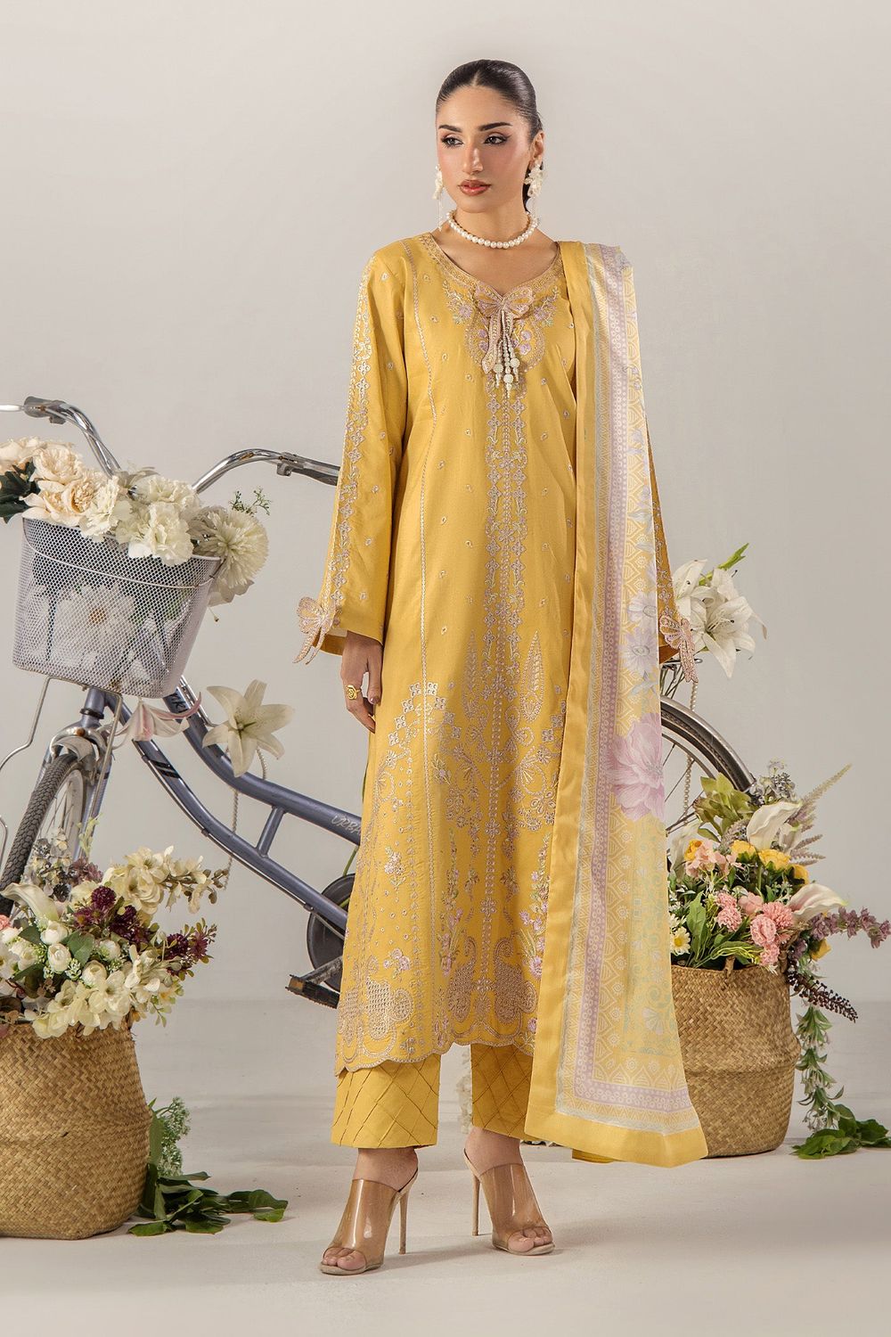 Mellow Yellow Embroidered Lawn Kurta Set Online in Dubai UAE Abudhabi Ajman Sharjah