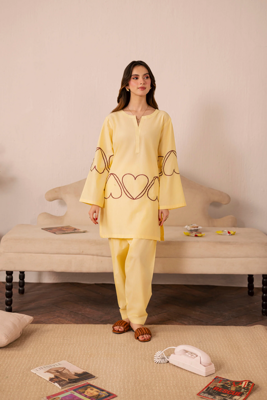 Mellow Yellow Heart Embroidered Lawn Kurta Set Online in Dubai UAE Abudhabi Ajman Sharjah