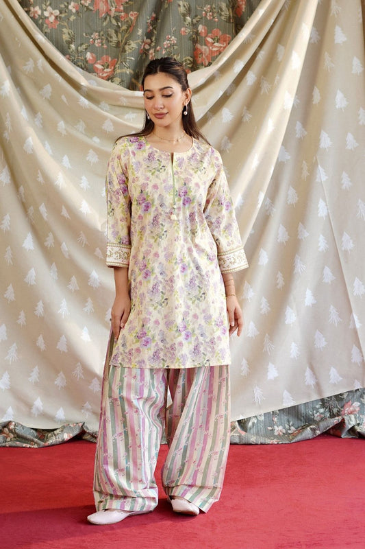 Mellow Yellow Printed Lawn Kurta Set Online in Dubai UAE Abudhabi Ajman Sharjah