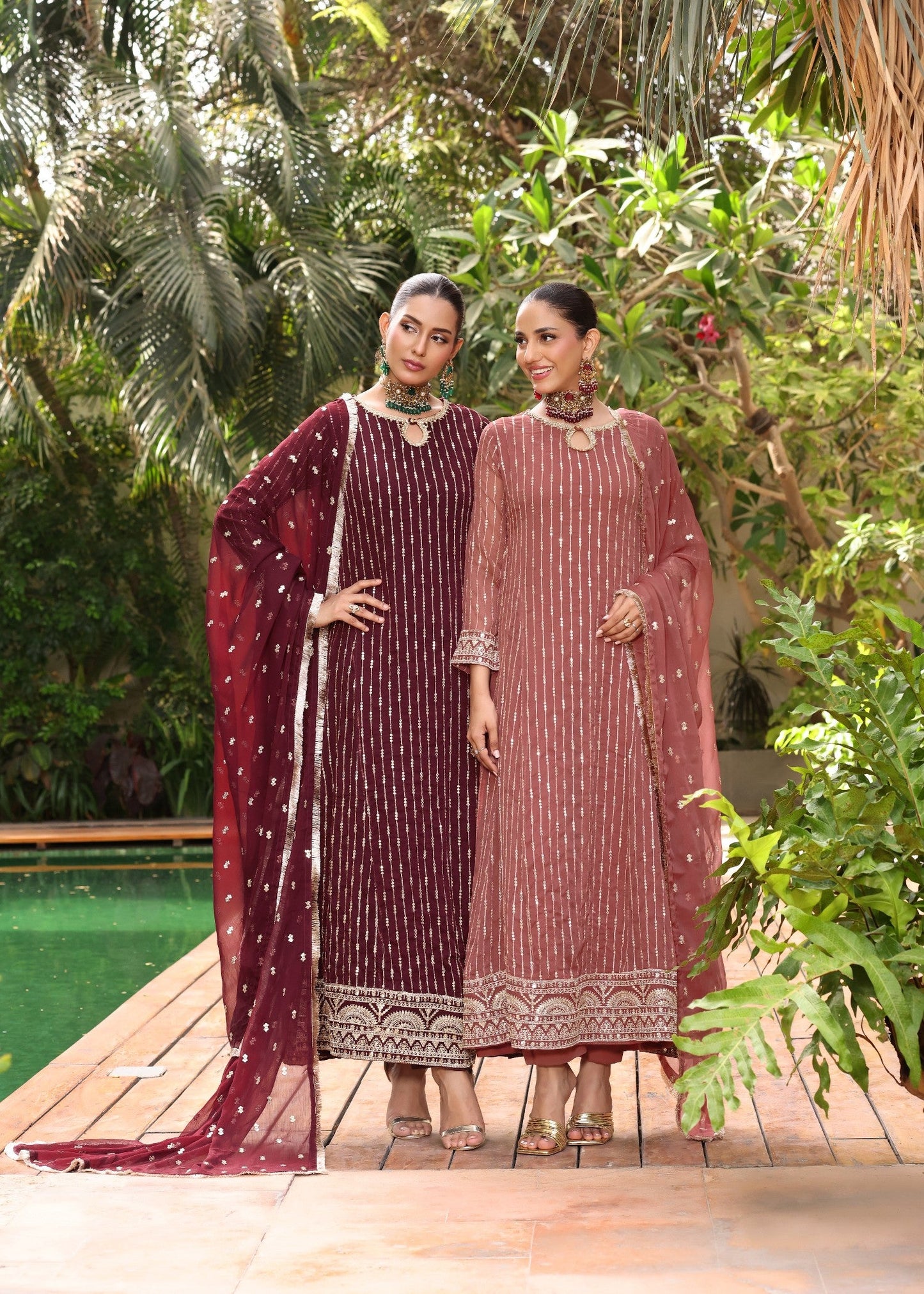 Melon Pink Chiffon Embroidered Festive Suit Online in UK USA Canada