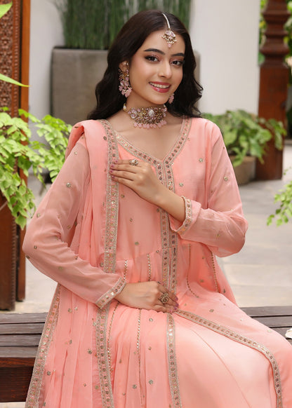 Melon Pink Chiffon Embroidered Pishwas with Trouser Online in Dubai UAE Abudhabi Ajman Sharjah