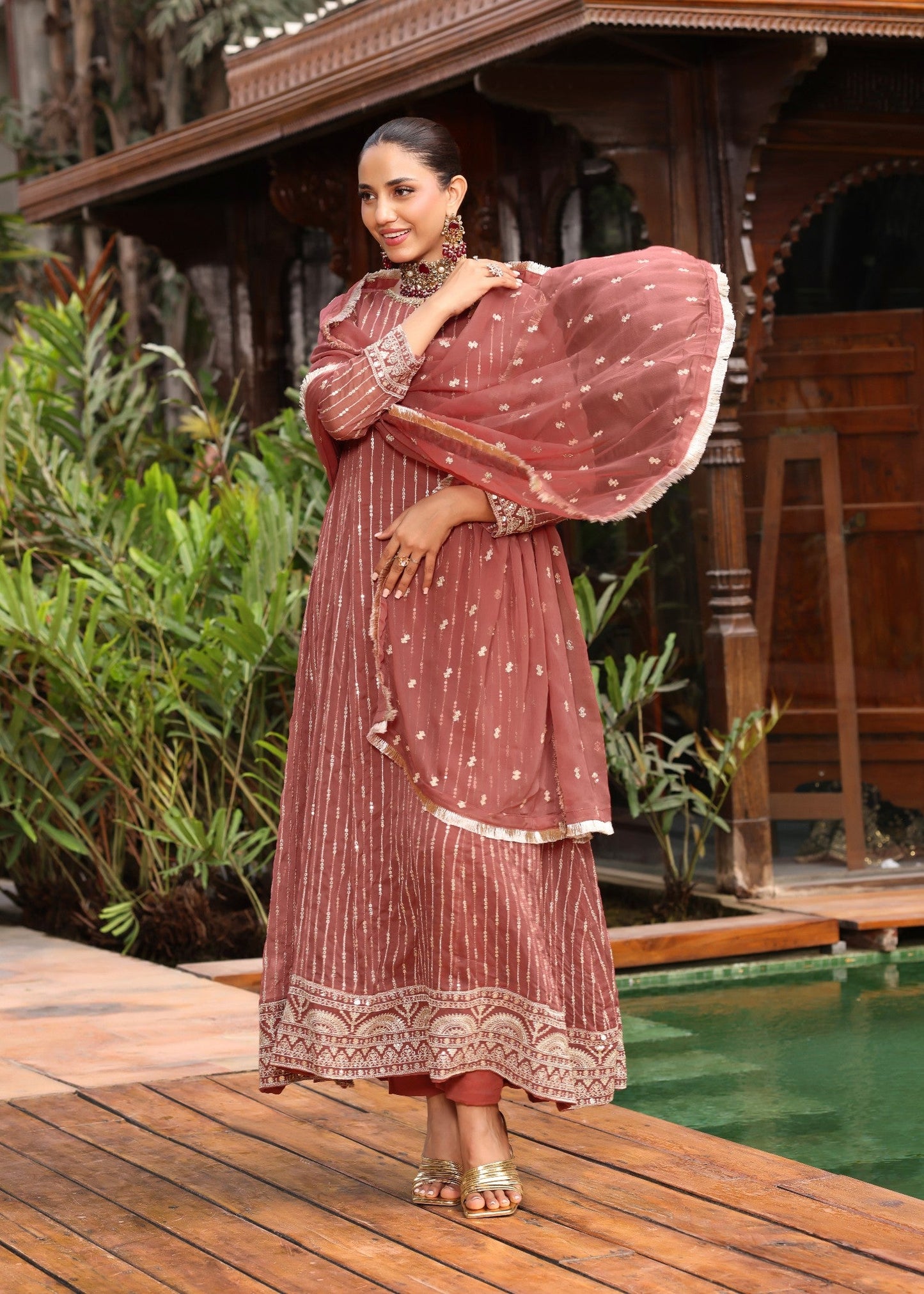 Melon Pink Embroidered Chiffon Designer Suit Online in Dubai DXB UAE Abudhabi Meena Bazaar