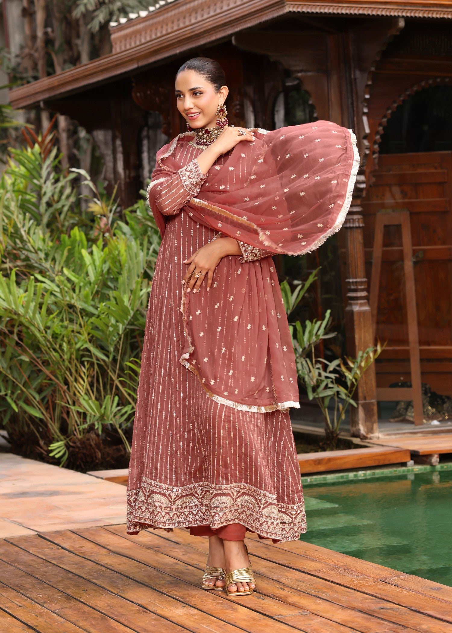 Melon Pink Embroidered Chiffon Designer Suit Online in Dubai DXB UAE Abudhabi Meena Bazaar
