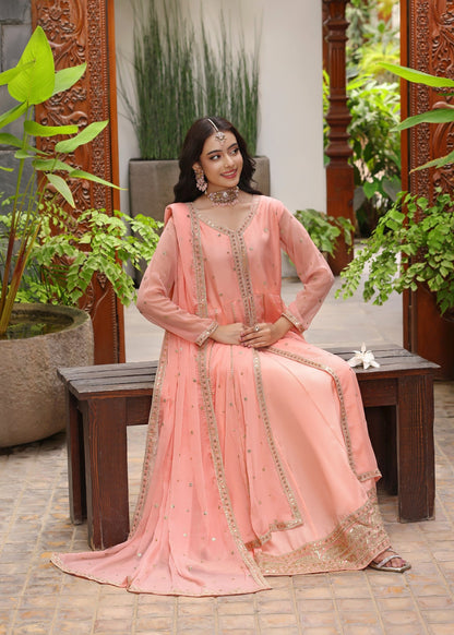 Melon Pink Embroidered Chiffon Festive Suit Online in Sri Lanka India Australia