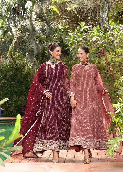 Melon Pink Embroidered Chiffon Flared Pishwas Online in Dubai DXB UAE Abudhabi Meena Bazaar