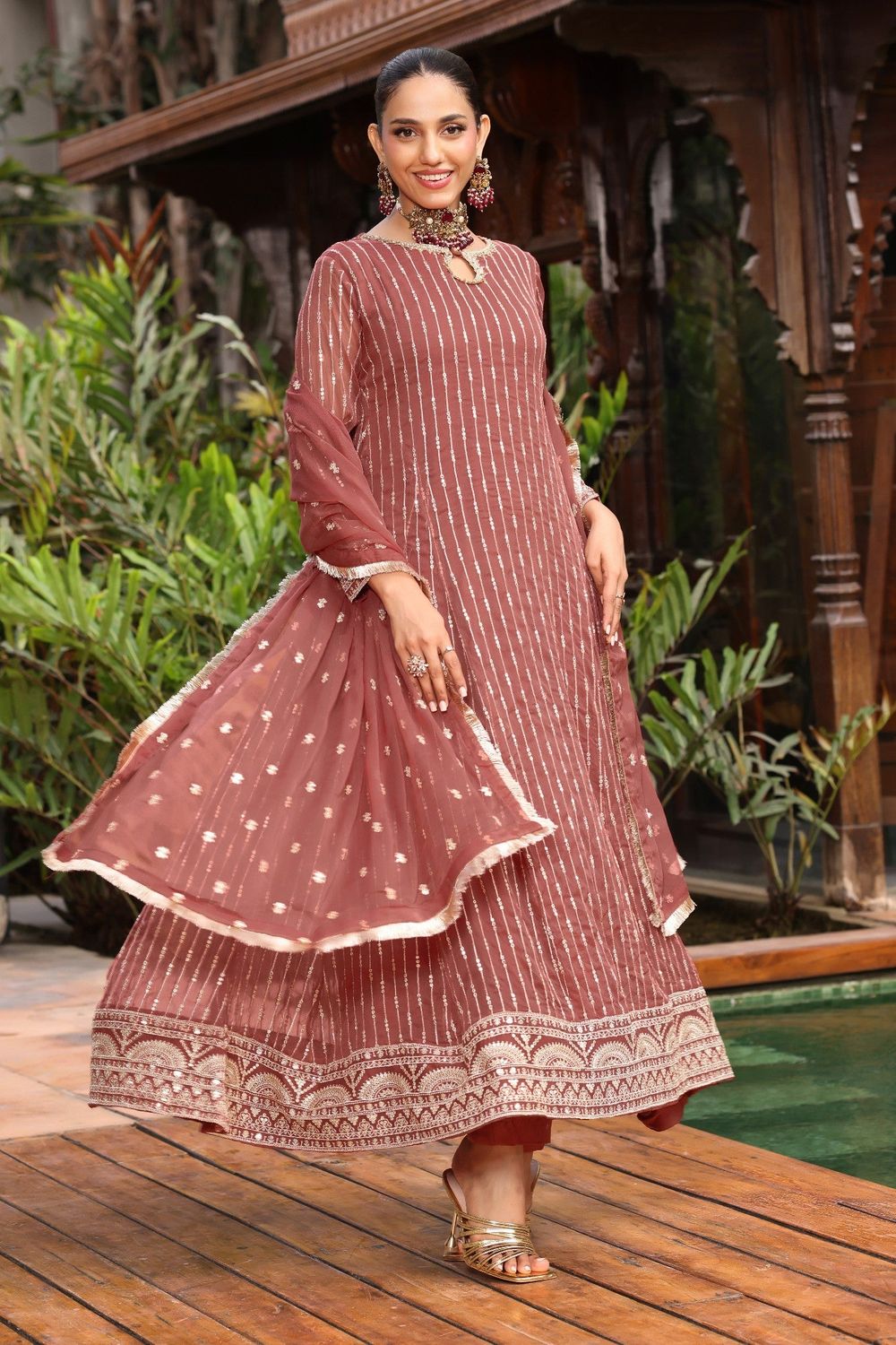 Melon Pink Embroidered Chiffon Party Wear Suit Online in Dubai UAE Abudhabi Ajman Sharjah
