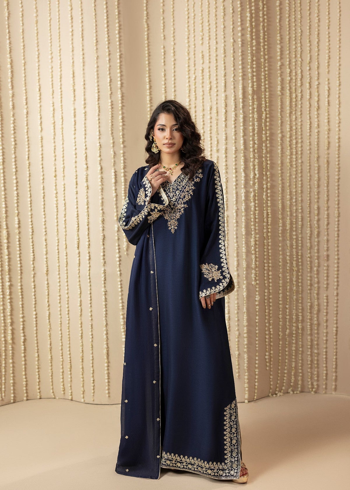 Midnight Blue Adda Work Kaftan with Poly Silk Trousers Online in Dubai DXB UAE Abudhabi Meena Bazaar