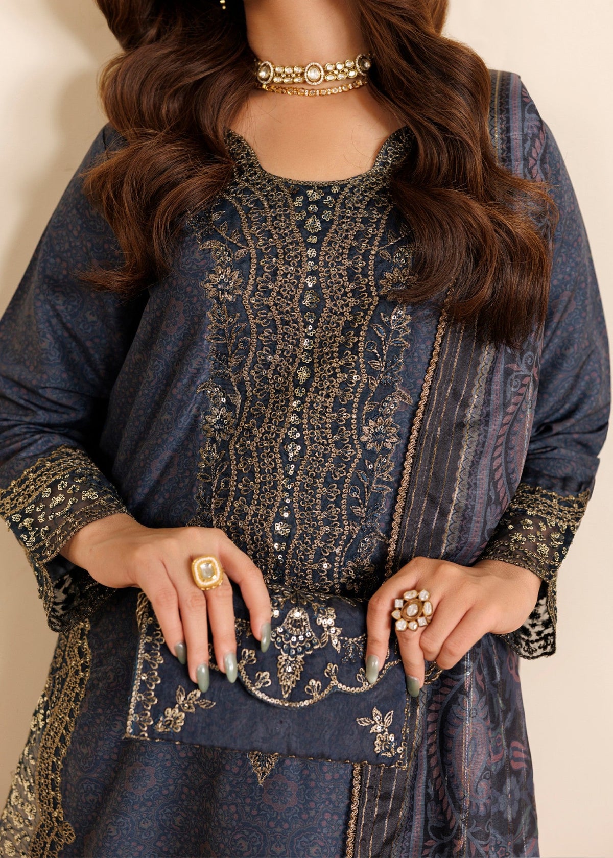 Midnight Blue Embroidered Blended Khaddar 3 Piece Suit Online in Dubai DXB UAE Abudhabi Meena Bazaar