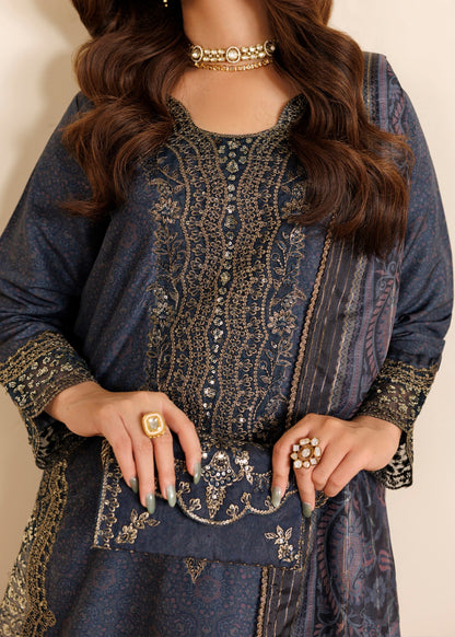 Midnight Blue Embroidered Blended Khaddar 3 Piece Suit Online in Dubai DXB UAE Abudhabi Meena Bazaar