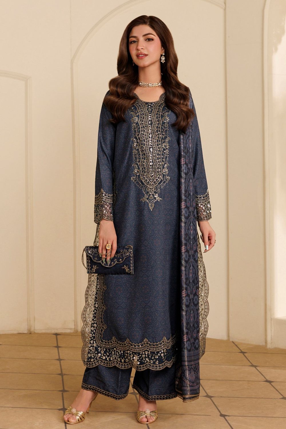Midnight Blue Embroidered Blended Khaddar Pakistani Suit Online in Dubai UAE Abudhabi Ajman Sharjah