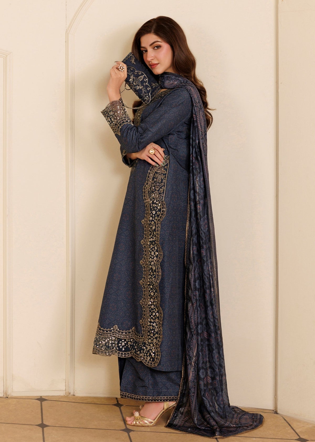 Midnight Blue Embroidered Blended Khaddar Unstitched Suit Online in Dubai DXB UAE Abudhabi Meena Bazaar